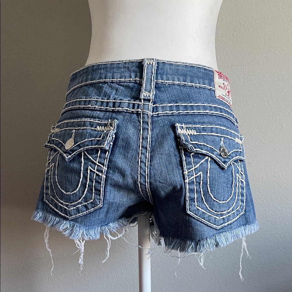True Religion Blue Frayed Denim Shorts - Picture 2 of 4